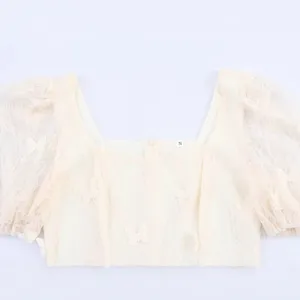 2025 New Chiffon Printed Women's Summer Outfit, New Cover Belly Slimming Round Neck Embroidered Bubble Sleeve Top thumbnail-3