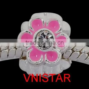 Vnistar Silver Plated Pink Enamel Beads, Flower Shaped European Bead With Clear Crystal PBD1608 thumbnail-1