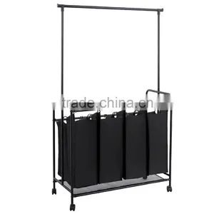 Black Heavy Duty 4-bag Rolling Laundry Sorter/Cart/Rack Hamper With Hanging Bar thumbnail-1