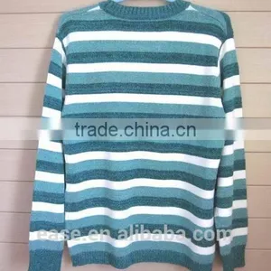 100% Cotton Mens Blue Stripe Sweater With Round Neck thumbnail-1