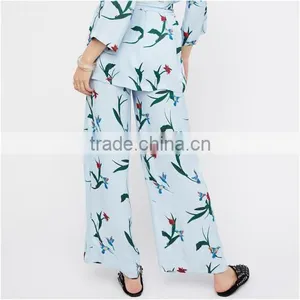 2017 China Wholesale Cotton Women Long Trousers Printed Bird Pattern Light Blue Pants Trousers thumbnail-2
