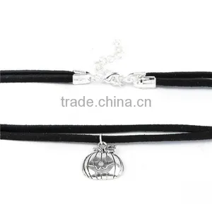 Velvet Suede Double Layer Halloween Choker Necklace Antique Silver Black Pumpkin 33.5cm Long thumbnail-3