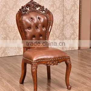 Exquisite European Carving Rubber Wood Genuine Leather Dining Chair in Brown thumbnail-1