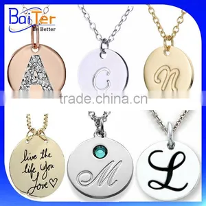 Personalize Custom Gold Round Shape Letter Engraved Stainless Steel 925 Sterling Silver Script Initial Disc Pendant Necklace thumbnail-1