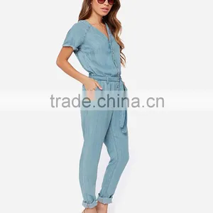 Women Sky Blue Belted Short Sleeve Slim Fit Jumpsuit Romper thumbnail-2