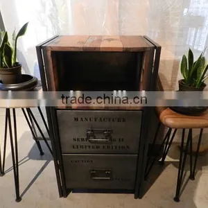 2 Drawers Metal Legs Wood Top Vintage Drawer Cabinet thumbnail-1