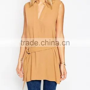 2015 New Fashionable Factory Belted Sleeveless Utility Tunic Top With V-neckline thumbnail-3