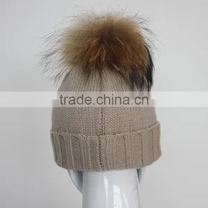 Myfur Winter Woolen Knitting Beanie Hat With Removable Raccoon Fur Bobble Top thumbnail-5
