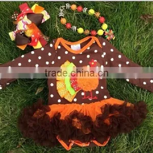 Girls Thanks Giving Brown White Dot Turkey Baby Romper With Matching Necklace,and Hair Bow Set thumbnail-1