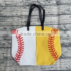 Wholesale Printed Softball Baseball Tote Canvas Cotton Personalized Totes Bag for Moms Football Bags With Leather Handles thumbnail-1