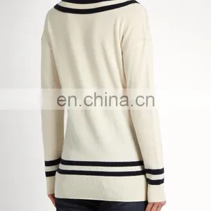 High Quality Varsity V-neck Wool and Cashmere-blend Sweater Fashion Design Women Long Sleeve Sweater thumbnail-2