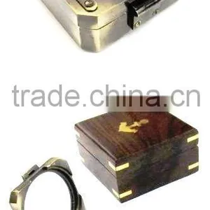 Solid Brass Brunton Compass- Square Antique Finish With Wooden Box 13457 thumbnail-1