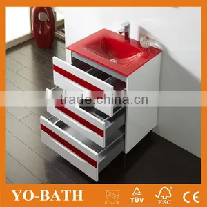 24" Modern White Red Bath Vanity With Red Glass Wash Basin thumbnail-3