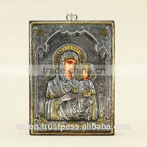 Greek & Russian Orthodox Wooden Icon. Mother God. Hodegetria. Silver. Made in Italy thumbnail-1