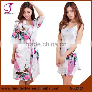 2401 Women Peacock Pattern Two-piece Set Satin Robe thumbnail-4