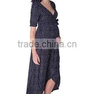 Summer Print Chiffon Black Wrap Maternity Dress, Long Maternity Clothes, Half Sleeve Maternity Clothing thumbnail-3