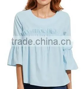 Women's Bell Sleeve Ruffle Trim Round Neck Pleated Blouse thumbnail-4