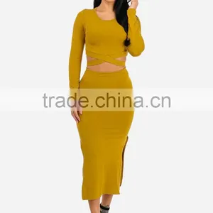 Suppliers Bulk Apparel Spring Women Dresses Sexy Mustard Two Piece Long Sleeve Knee Length Bodycon Midi Dress Set thumbnail-4
