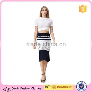 2016 New Arrival White & Black Stripe Knitted Crop and Fishtail High Waist Knitted Skirt Co-ord Set thumbnail-1