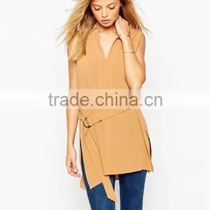 2015 New Fashionable Factory Belted Sleeveless Utility Tunic Top With V-neckline thumbnail-2