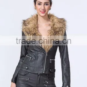 New Fashion Clothing Manufacturers Petite Women Biker Jacket With Fur Collar thumbnail-3