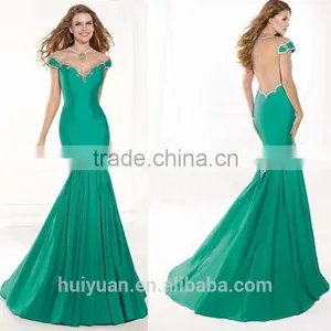 Green Colour Long Beaded Evening Sexy Mature Women Dress thumbnail-1