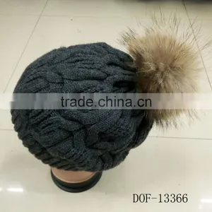 2016 Unisex Fashion Hot Popular Crochet Wool Beanie Knitted Cap With Real Racoon Dog Fur Pompom thumbnail-3