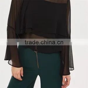 Gorgeous Cropped Flute Crinkle Sleeve Black Semi Sheer Blouse thumbnail-3