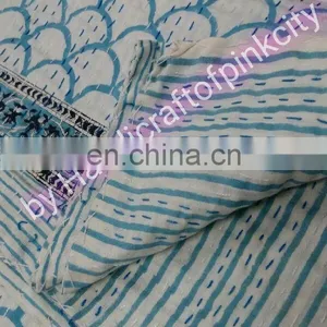 Indian Iket Print Kantha Quilt Throw Reversible Cotton Bedspread Vintage Gudri thumbnail-3