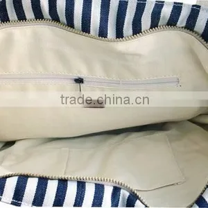 Navy Stripe Stylish Denim Bag Denim Tote Bag With Leather Trim thumbnail-3