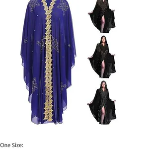 Muslim Dress for Women Loose Batwing Sleeved Hooded Beaded Embroidery Long Abaya Dress Kaftan Abayas Islamic Robe thumbnail-1