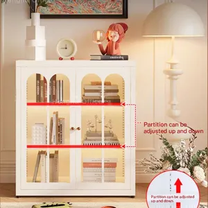 High-End Creamy White Display Cabinet for Luxury Living Room Furniture, Modern Arched Metal Bookcase With Fluted Glass Doors-OEM/ODM thumbnail-5