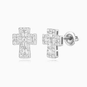 Shining Star Jewelry Hip Hop Rapper VVS Moissanite Mens Cross Stud Earrings thumbnail-4