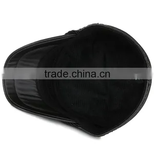 Blank Plain Black European Simple Style Flat-Top Outdoor PU Leather Military Style Caps Quality Choice thumbnail-3