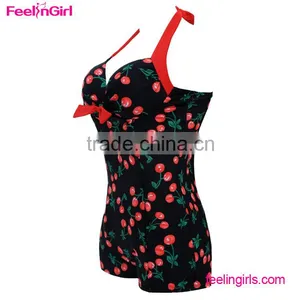 Girls Black and Red Cherry Print Retro High Waist Bikini thumbnail-2