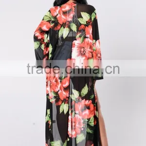 Kimono Duster Cardigan Top Open Front Bell Sleeves Floral Printed Mesh Duster For Women thumbnail-4