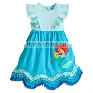 New Design Frozen Dress Ruffled Sleeve Turquoise Mermaid Applique Cartoon Dress for Toddler Little Girls thumbnail-1