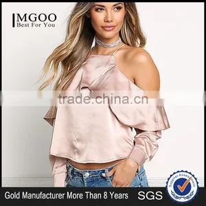 MGOO 2017 Latest Designs Women Satin Blouses Tops Plain Fashion Off Shoulder Crop Custom Ruffles Shirts thumbnail-1