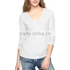 WOMENS WHITE LONG SLEEVE V NECK T SHIRT thumbnail-1