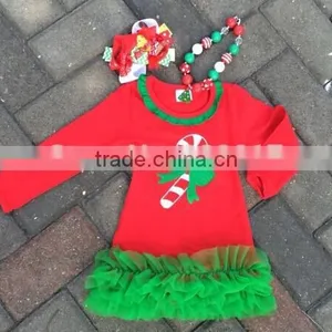Baby Girls Chirstmas Candy Cane Dresswith Matching Hair Bows and Chunky Necklace Set thumbnail-1