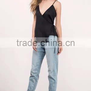 2017 Latest Fashion Design Wholesale Black Sexy Tank Top Satin Blouse thumbnail-3