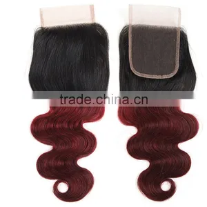 8A Grade Body Wave 4X4 1B/ 99J Ombre Lace Closure 100% Ombre Peruvian Human Hair Extension thumbnail-1