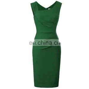 Belle Poque Retro Vintage Slim Fit Sleeveless Hips-Wrapped Bodycon Dark Green Women Business Tight Pencil Dress BP000302-2 thumbnail-3