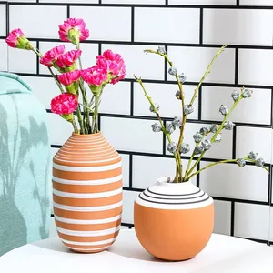 Red Color Stripe Ins Nordic Modern Style Fresh Flower Ceramic Vase For Showroom thumbnail-4