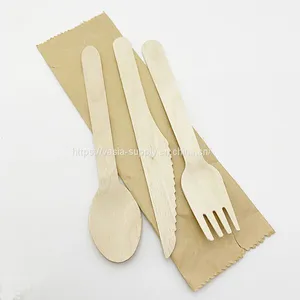 Eco-friendly Biodegradable Single Use Birch Wood Wooden Flatware Cutlery Set (Spoon Fork Knife Napkin Salt/Pepper Max 5) thumbnail-1