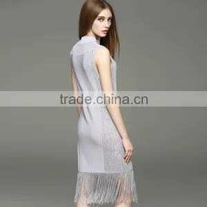 2017 Hot New Women Hollow Knit Dress Sleeveless Slim Hip Long Dress With Tassel thumbnail-5