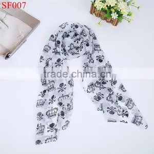 SF007 High Quality Beautiful Lady Temperament Chiffon Silk Neck Scarf White Scarf With Skull Crown thumbnail-1