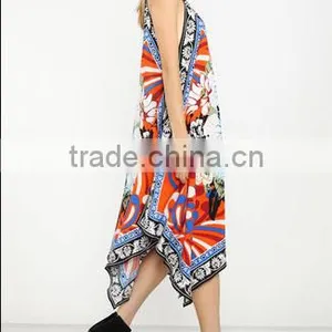 Glamorous Boho Design Spaghetti Strap Dropped Armhole Long Umbrella Dres Tropic Printeds thumbnail-3