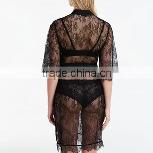 Wholesale Cheap Private Labels Sexy Black Bride Women Eyelash Lace Bridal Sleeping Robes thumbnail-2