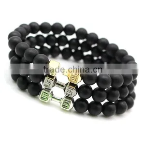 Wholesale Alloy Metal Barbell Matte Black Stone Beads Fitness Fashion Dumbbell Bracelets thumbnail-4